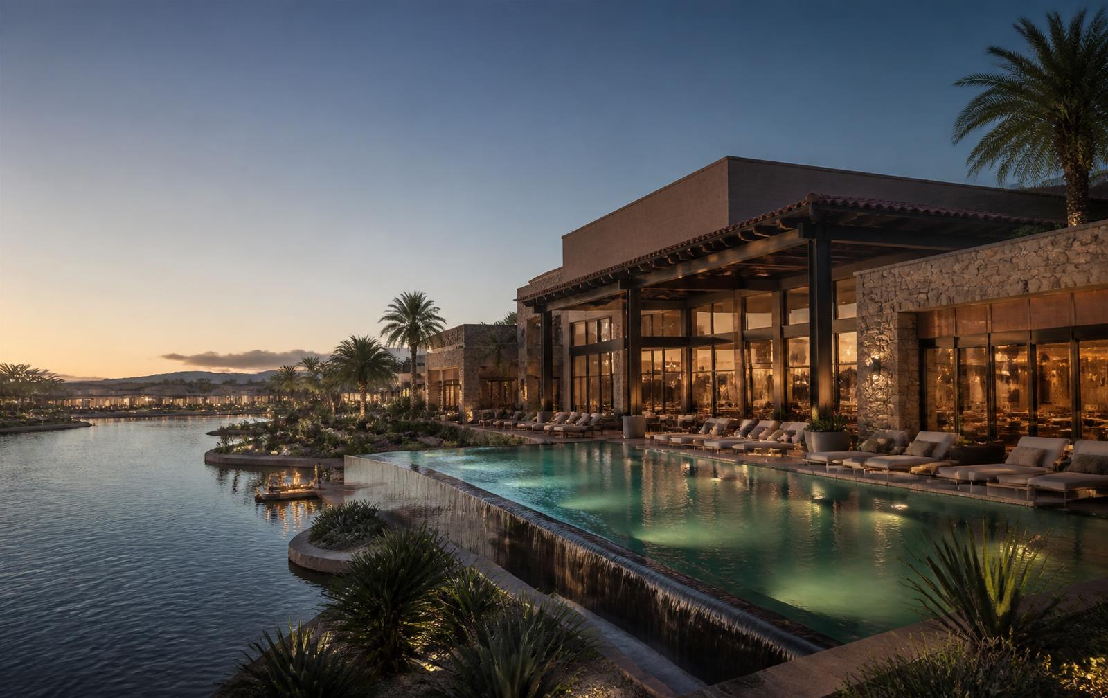 Clubhouse at dusk with an infinity pool merging into the lagoon