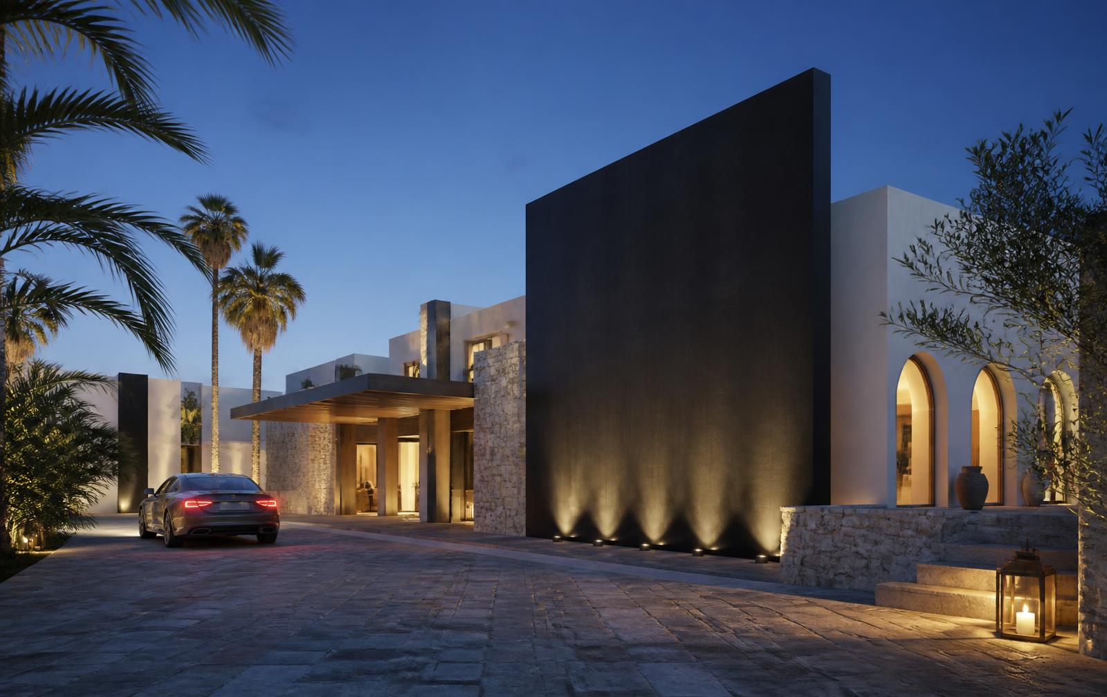 Hotel arrival courtyard at blue hour with a dark stone wall and warm lighting