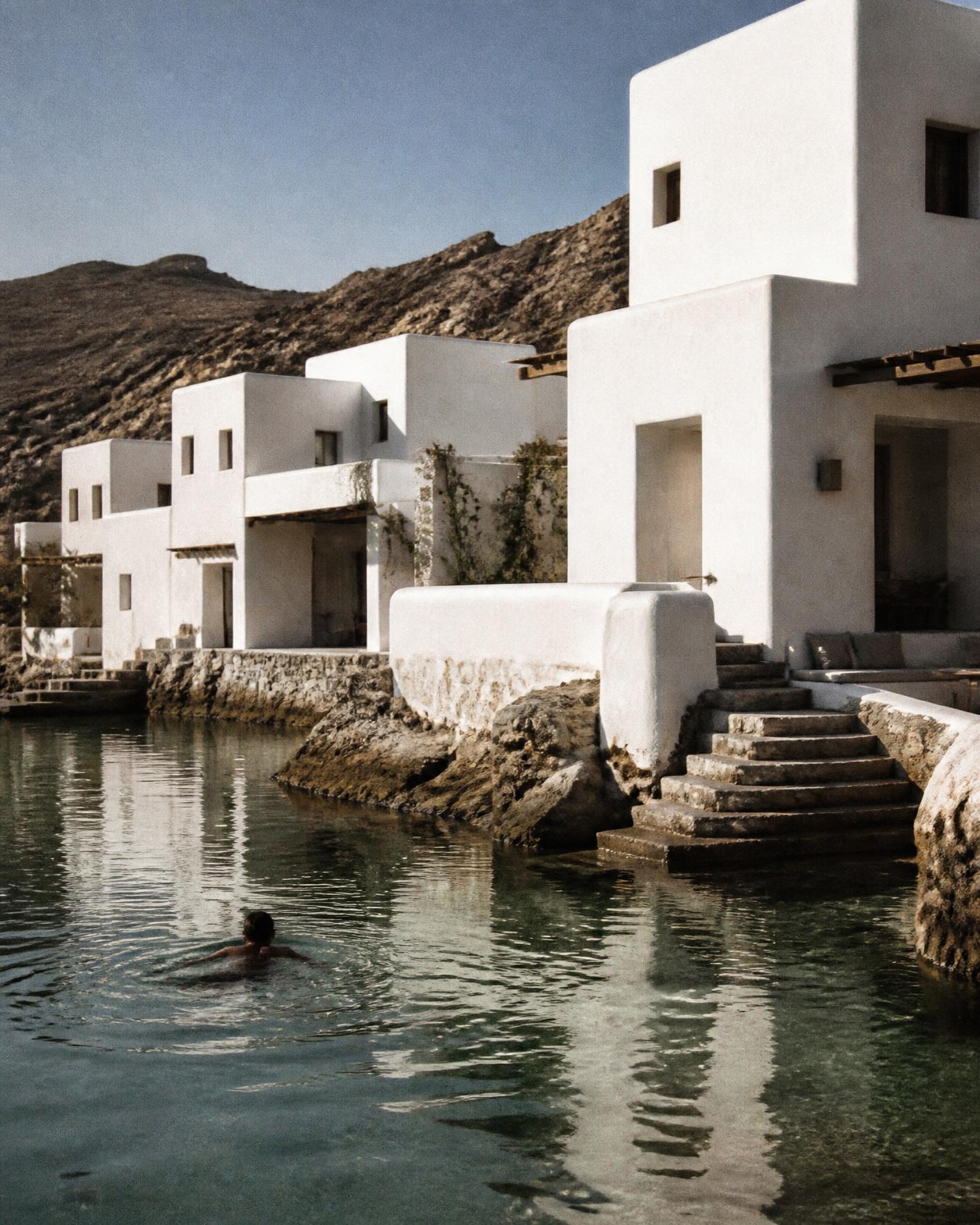 White villas opening onto a calm swimmable lagoon with a person swimming