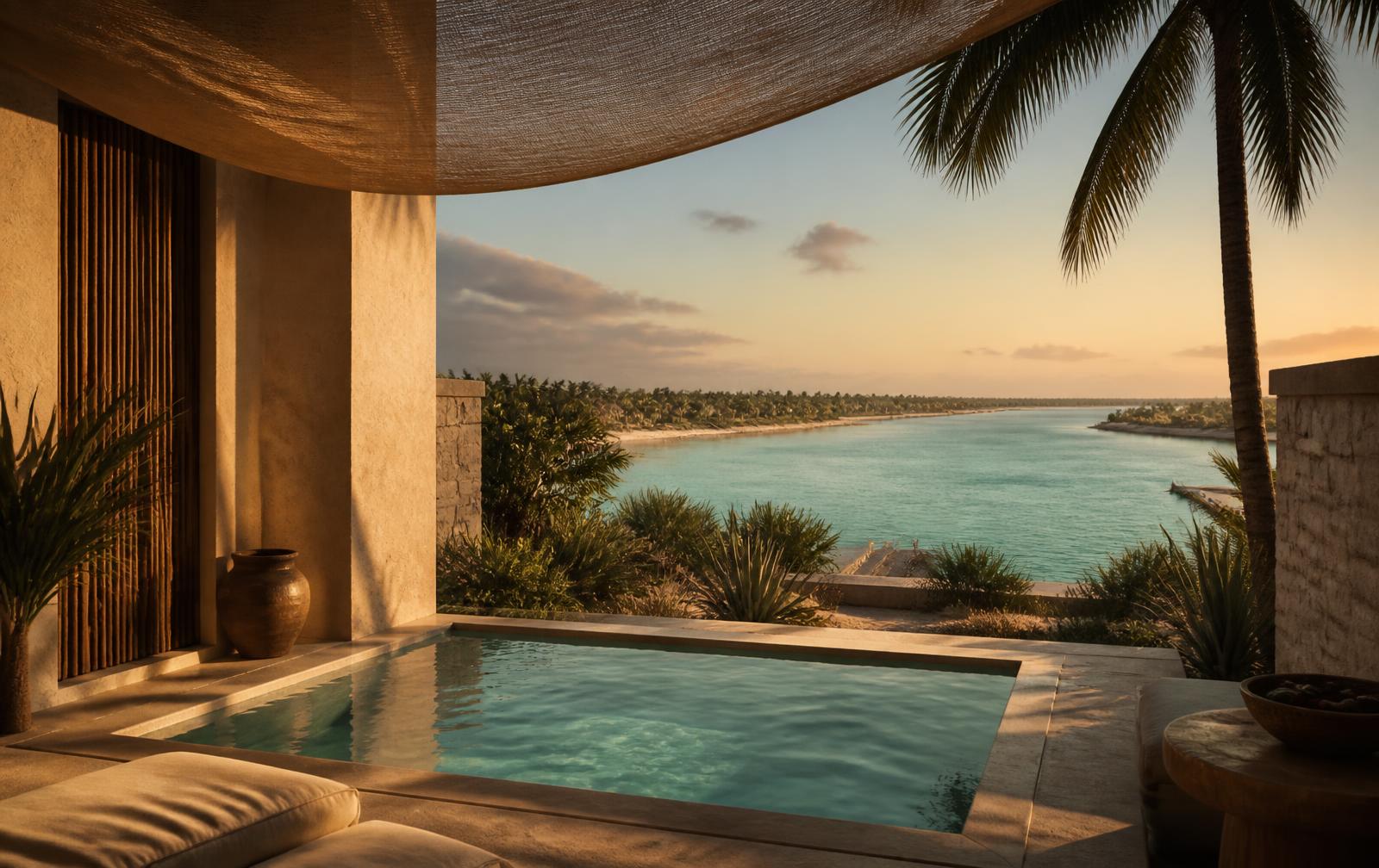 Villa terrace at golden hour with a plunge pool overlooking the lagoon